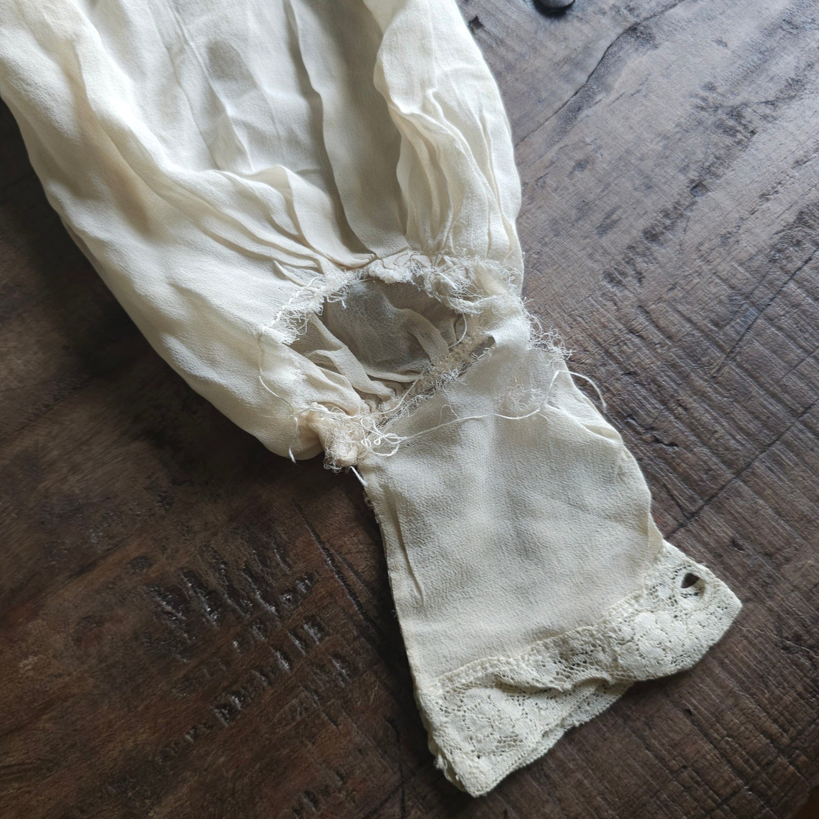 Antique Edwardian Pigeon Breast Blouse Lace Trim Bishop Sleeve Cream Top AS IS