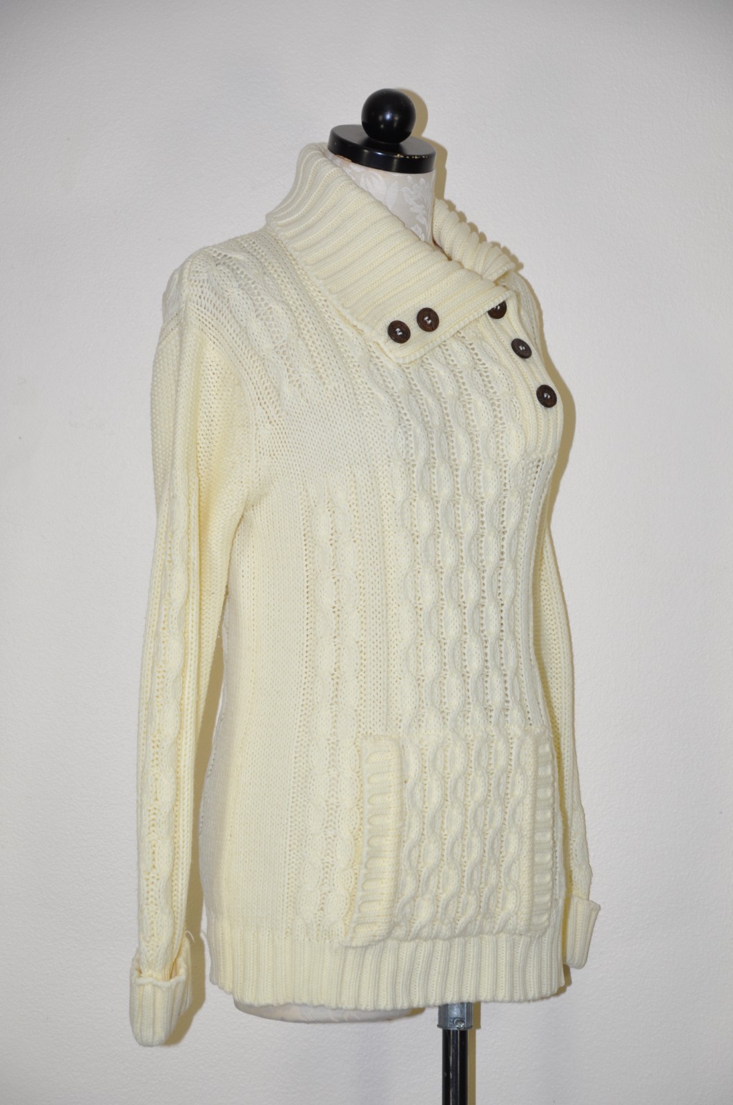 70s Vintage Cream Chunky Cable Knit Buttons Turtleneck Fisherman Sweater Women S