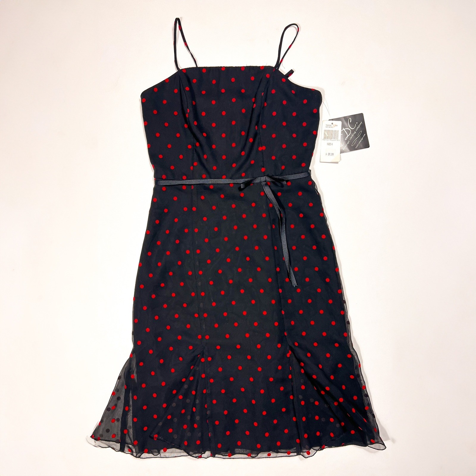Vintage CDC Rampage Polka Dot Dress Black Red Flocked Mesh Midi Made in USA NWT