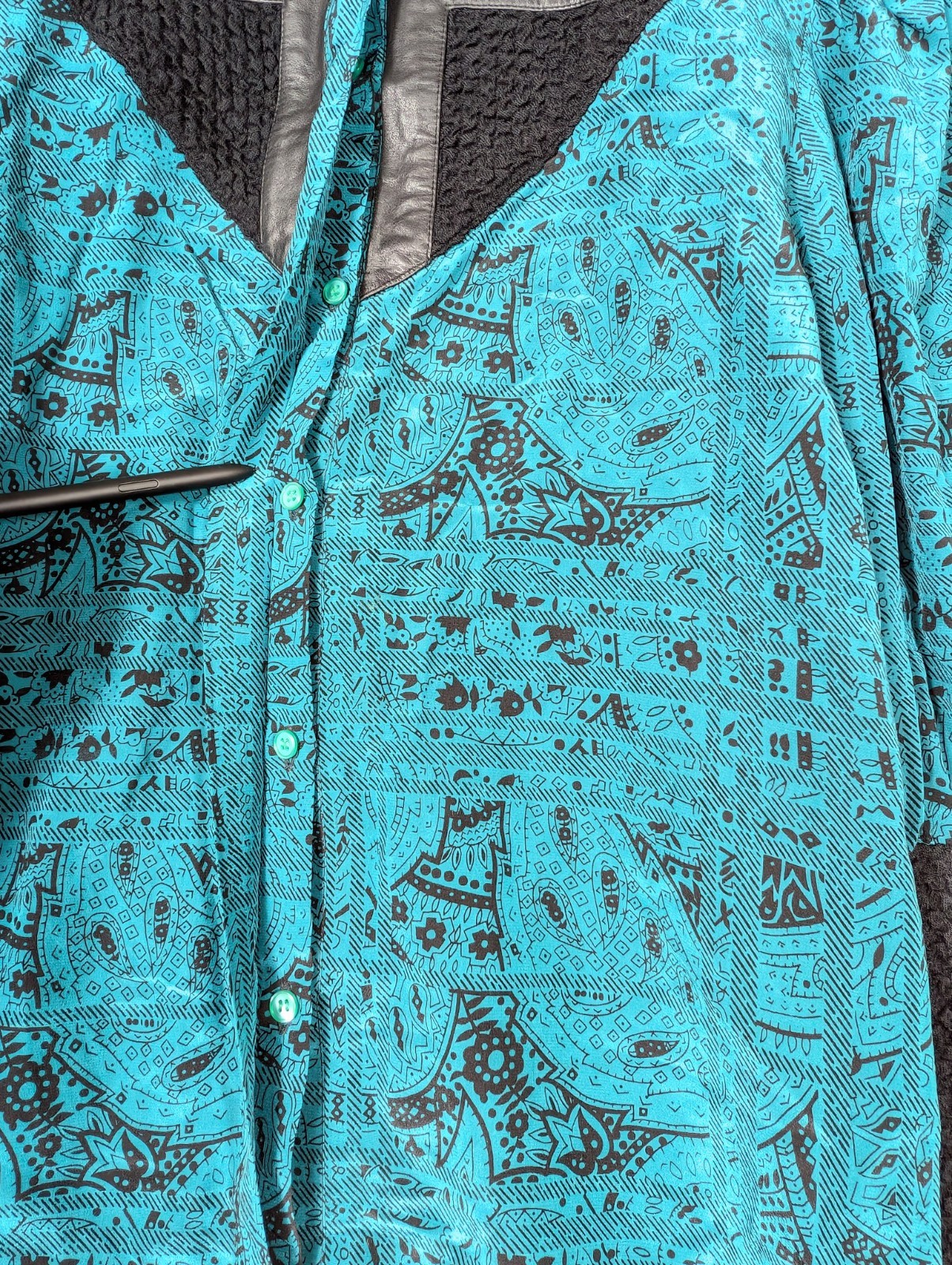 Vtg Bellino Paris 100% Silk Blouse Jacket 10 Teal Geometric Black Leather Trim
