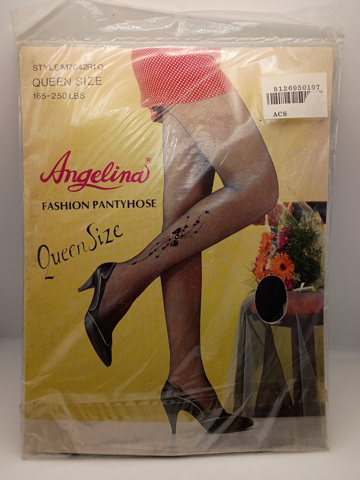 Vtg.80s Angelina Pantyhose Floral,Star,Bow & Rhinestone Black-Sz.Queen NIP