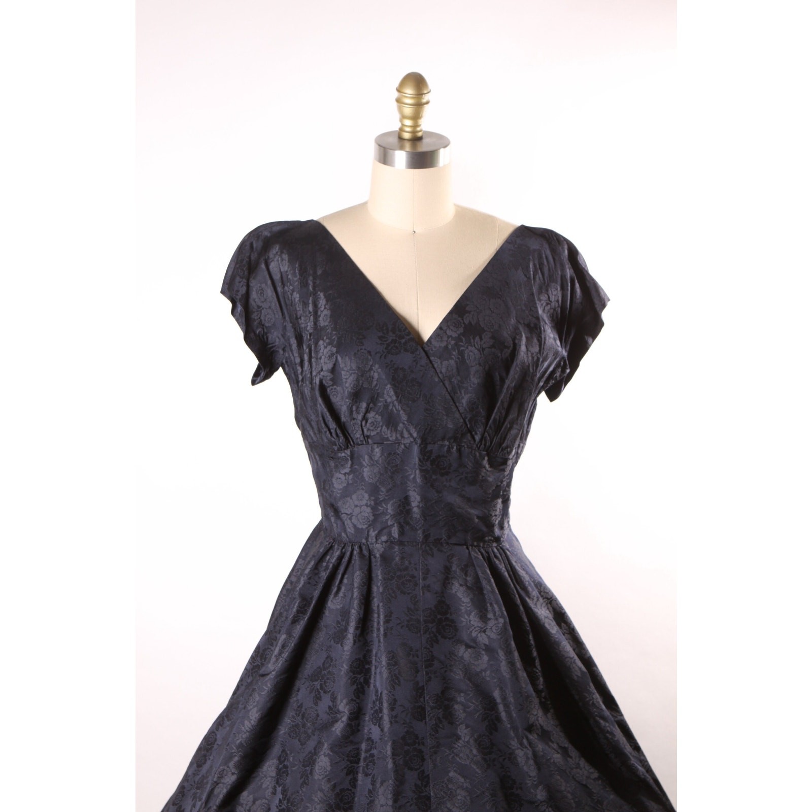 1950s Dark Navy Blue Floral Short Sleeve Dress with Matching Beaded Jacket