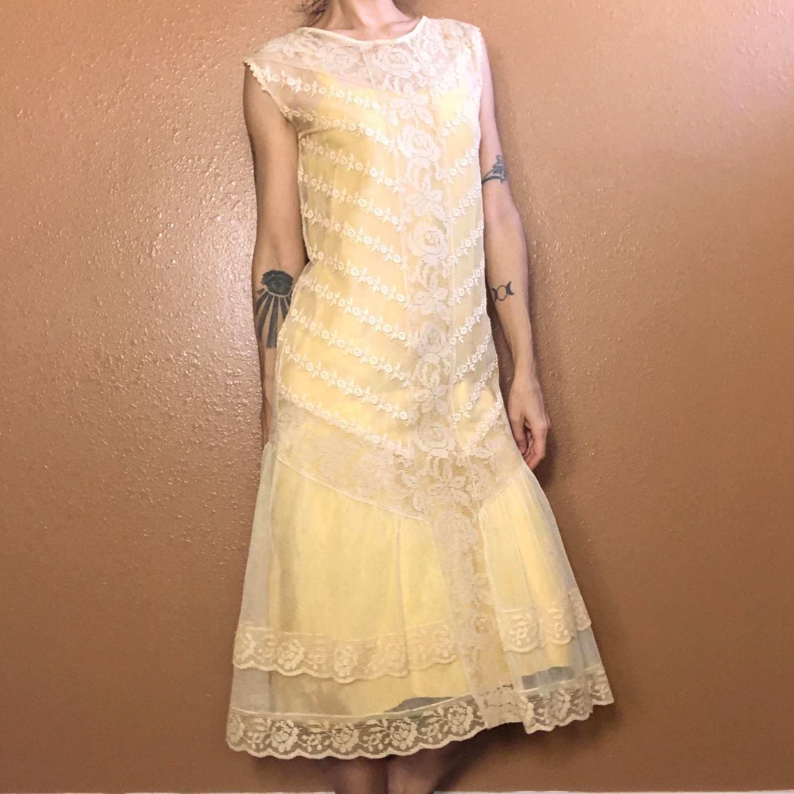 Vintage 1920s Sheer Mesh Net Crochet Drop Waist Dress + Silk Slip Coquette