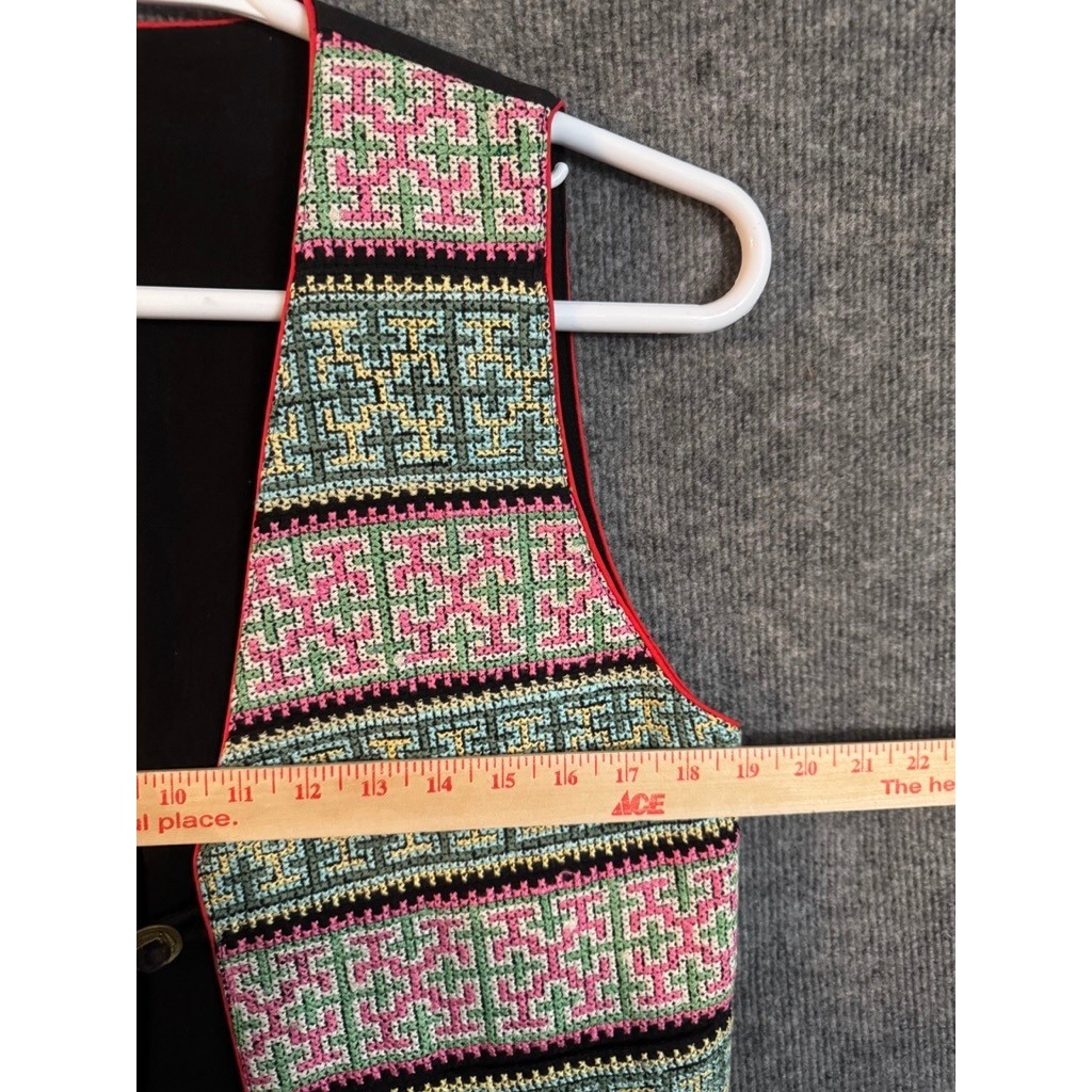Vintage Hand Embroidered Cross Stitch Geometric Folk Vest Black Pink Green Small