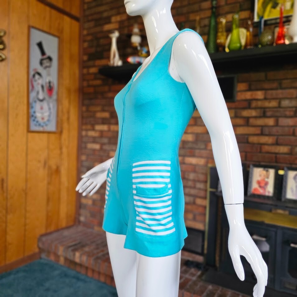 Vtg 60s Mod Aqua Striped Novelty Hot Pants Playsuit Jumpsuit Go Go Romper XS/S