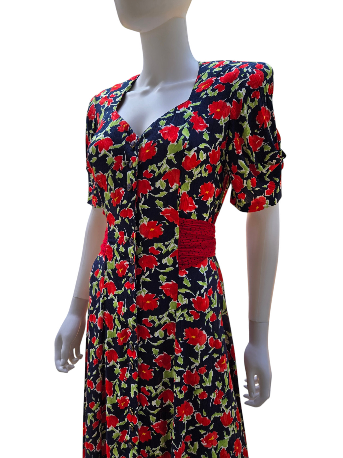 VTG 80s Does 40s Carole Little Rayon Gauze Red White Blue Floral Print Dress S M
