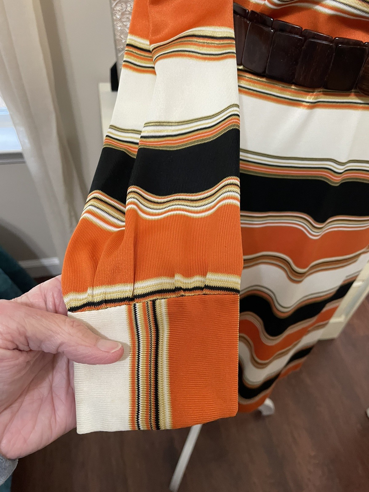 Hand Sewn Vtg 70s Midi Dress Orange Brown Yellow Sm/6 Long Sleeve Back Zipper **