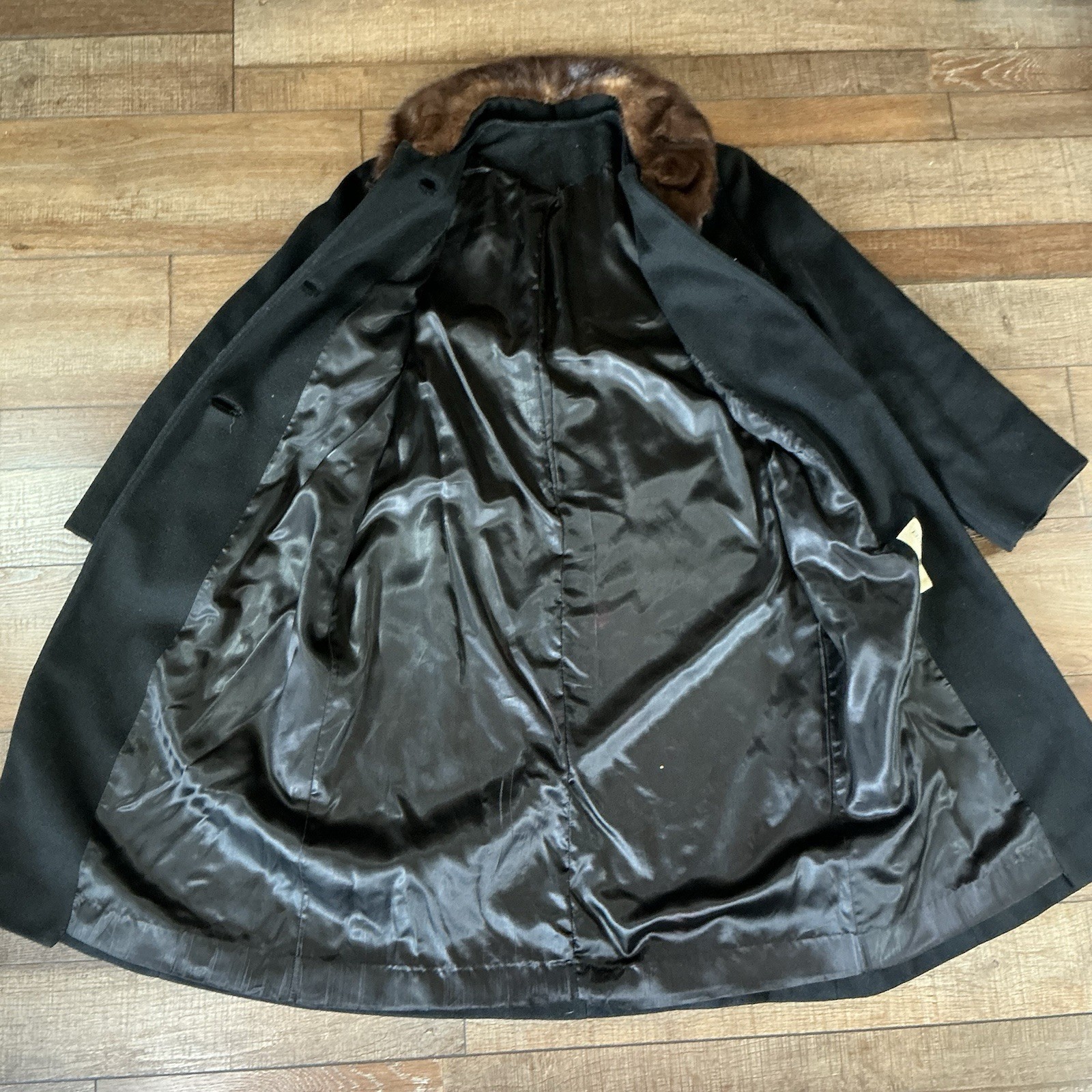 60s VTG Betty Rose Wool Coat Womens Sz L Black Fur Collar USA Made Mod Go #81118