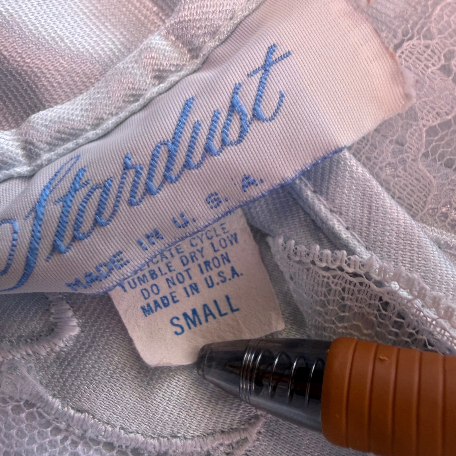 Vintage Stardust Blue Satin Lace Nightgown Long Sleeve Soft Ruffle Hem Small