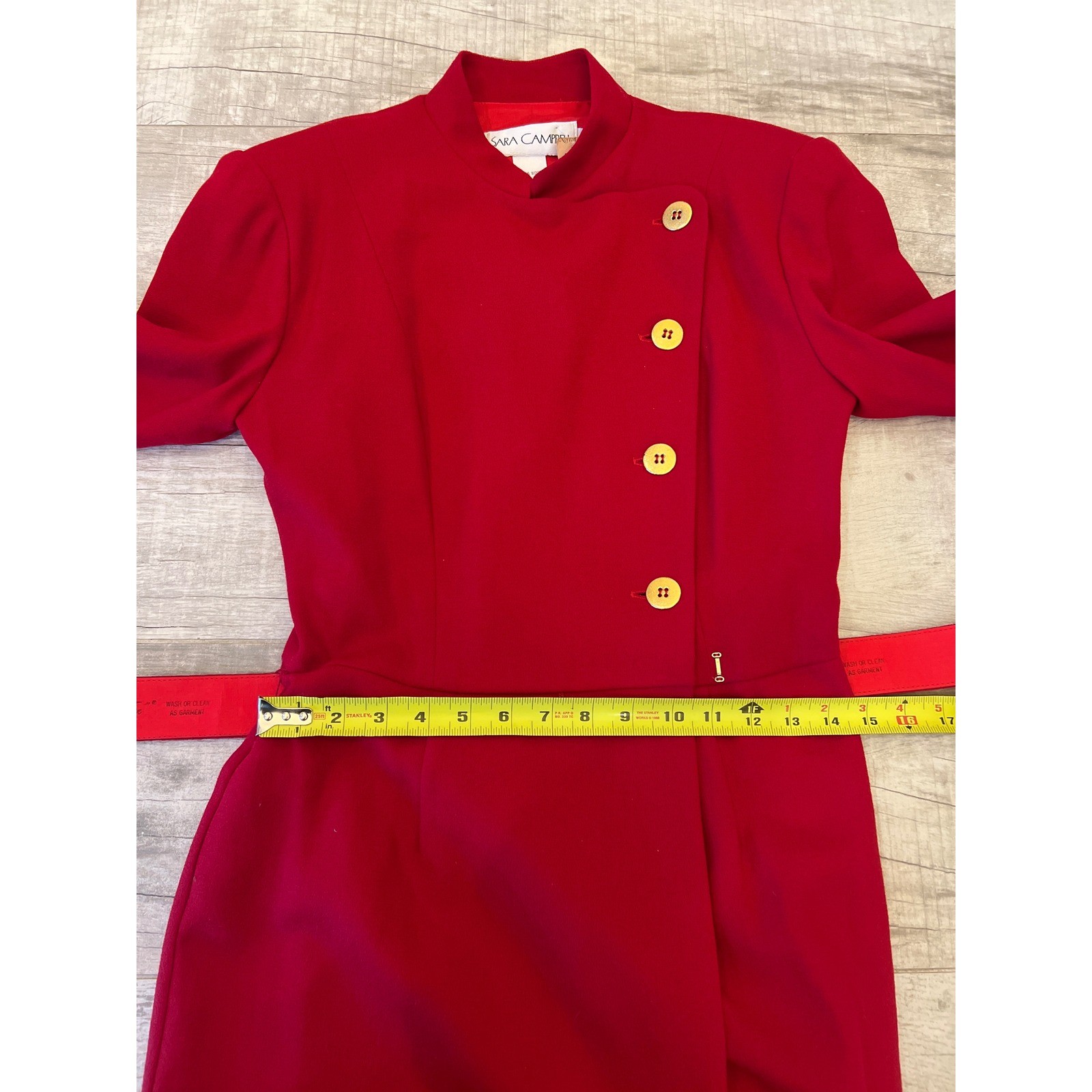 Sara Campbell Red Wool Dress Vintage Military Style Belted Asymmetrical Size 6