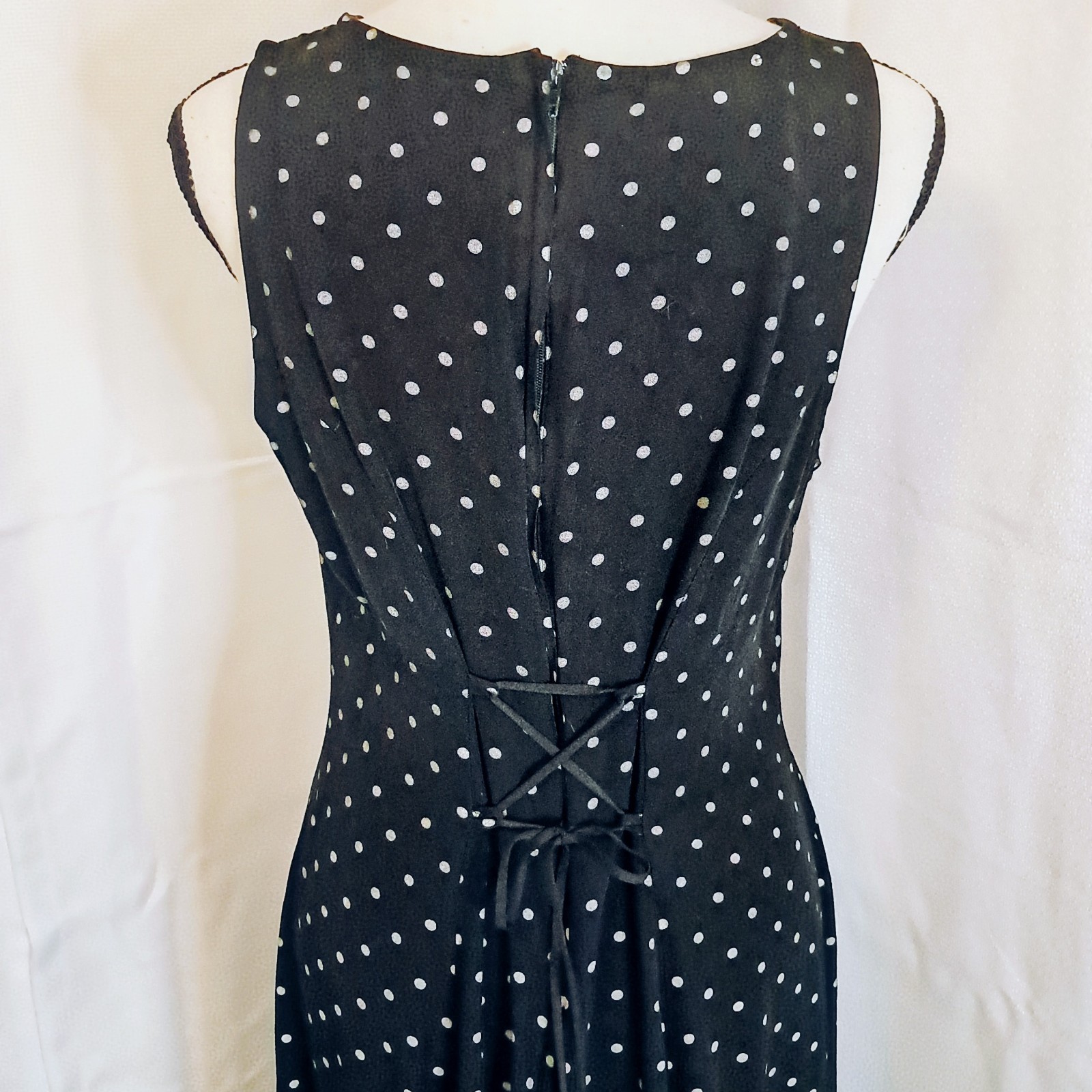 Vtg 90s Casual Corner Black Cream Polkadot Midi Dress Corset-Style Back 11/12
