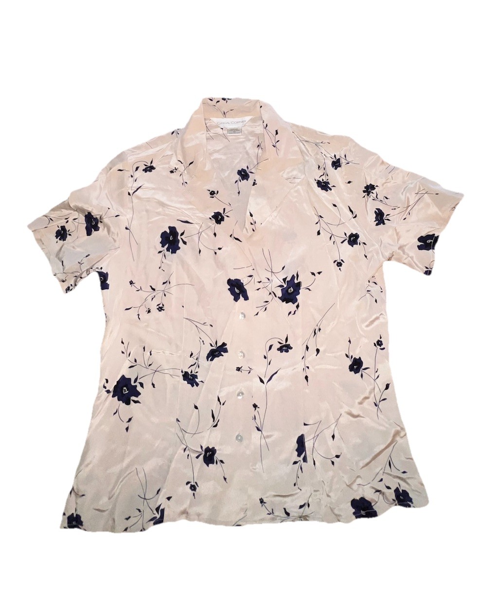 Vintage 90s Casual Corner 100% Silk Short Sleeve Blouse Coquette Corpcore Floral