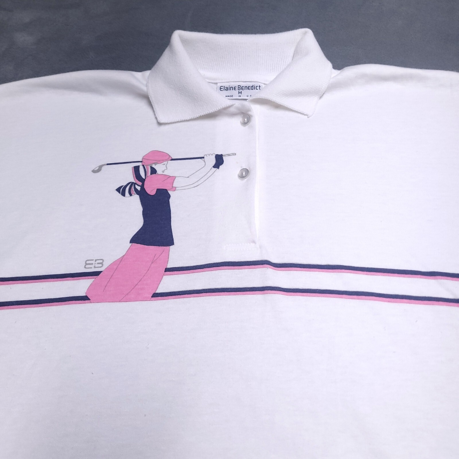 Vtg 90s Elaine Benedict Stylish Woman Golfer Polo Top Medium Made in USA