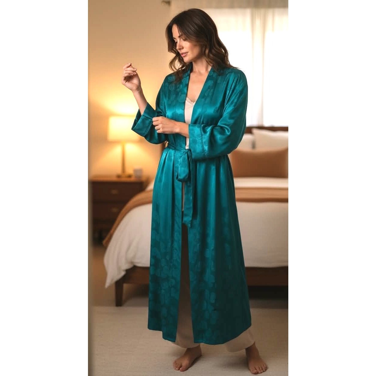 Vintage Galadriel 100% Pure Silk Teal Robe NWT Belted Pockets Made Hong Kong