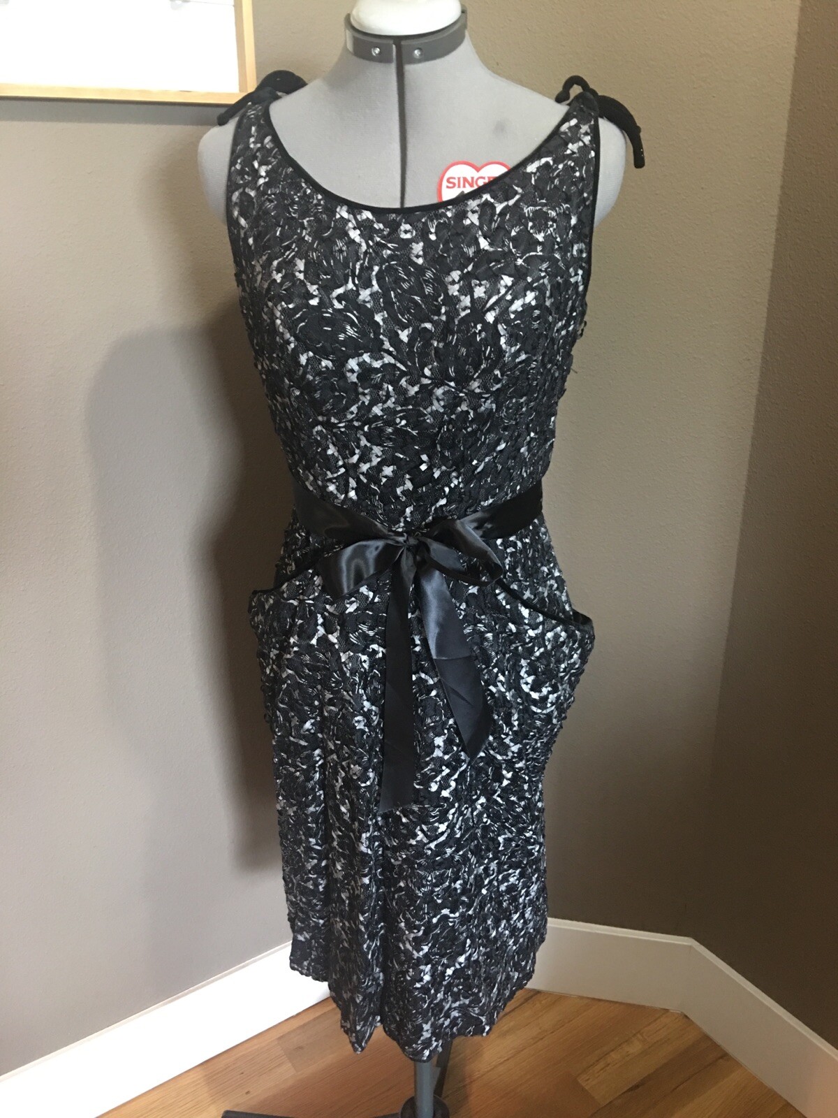 Retro 50s Style Black Lace Sheath Dress Gray Lining Satin Waist Tie Pockets