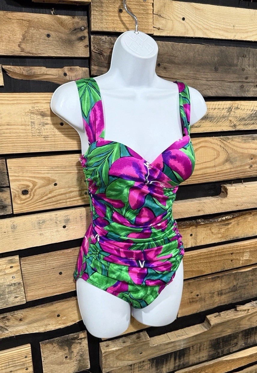 Vintage 80s Sirena 12 One Piece Swimsuit Vibrant Floral Retro Pin Up Ruched