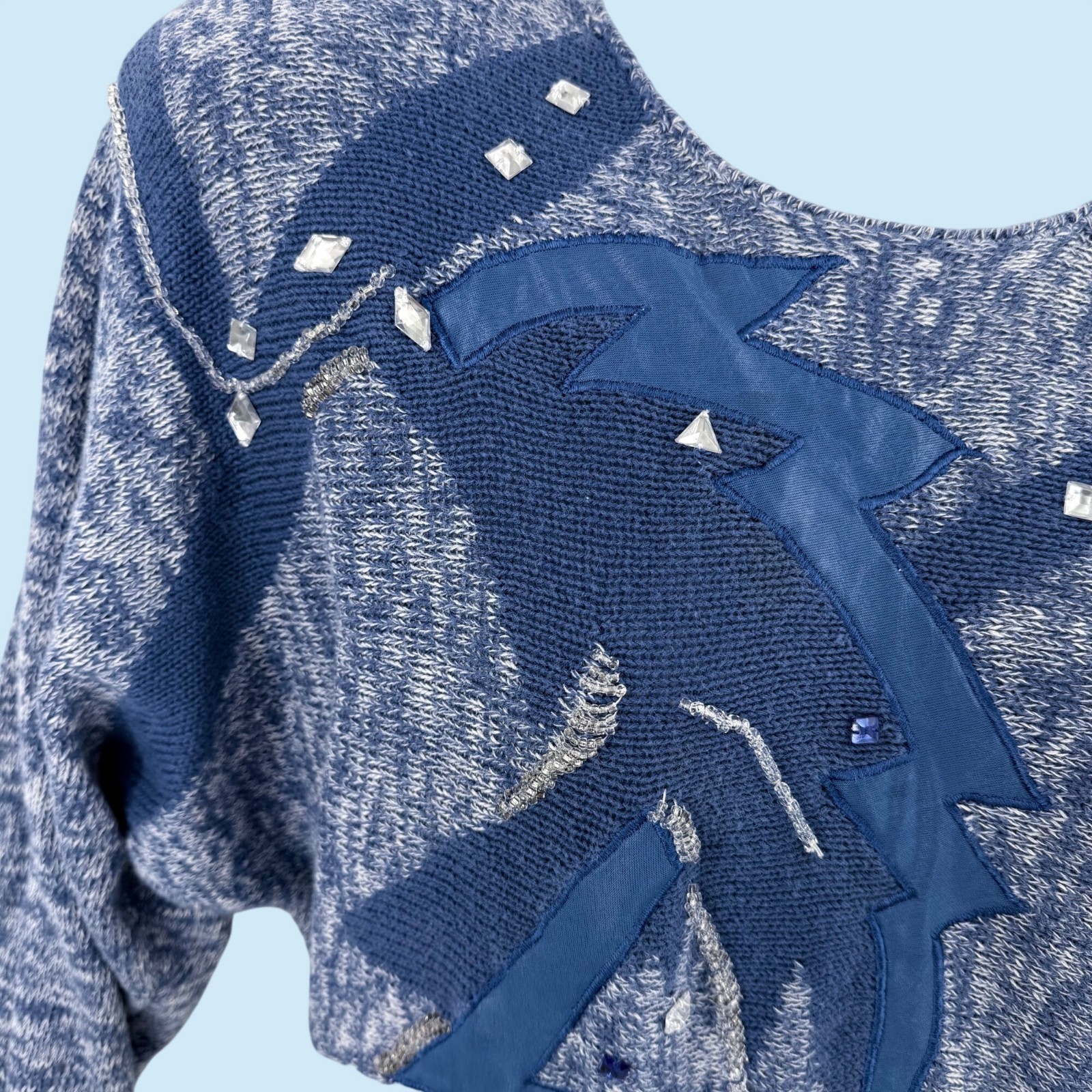 VTG PIERRE LAMONTE BLUE WHITE ABSTRACT BEAD EMBELLISHED DOLMAN SLV 80’S SWEATER