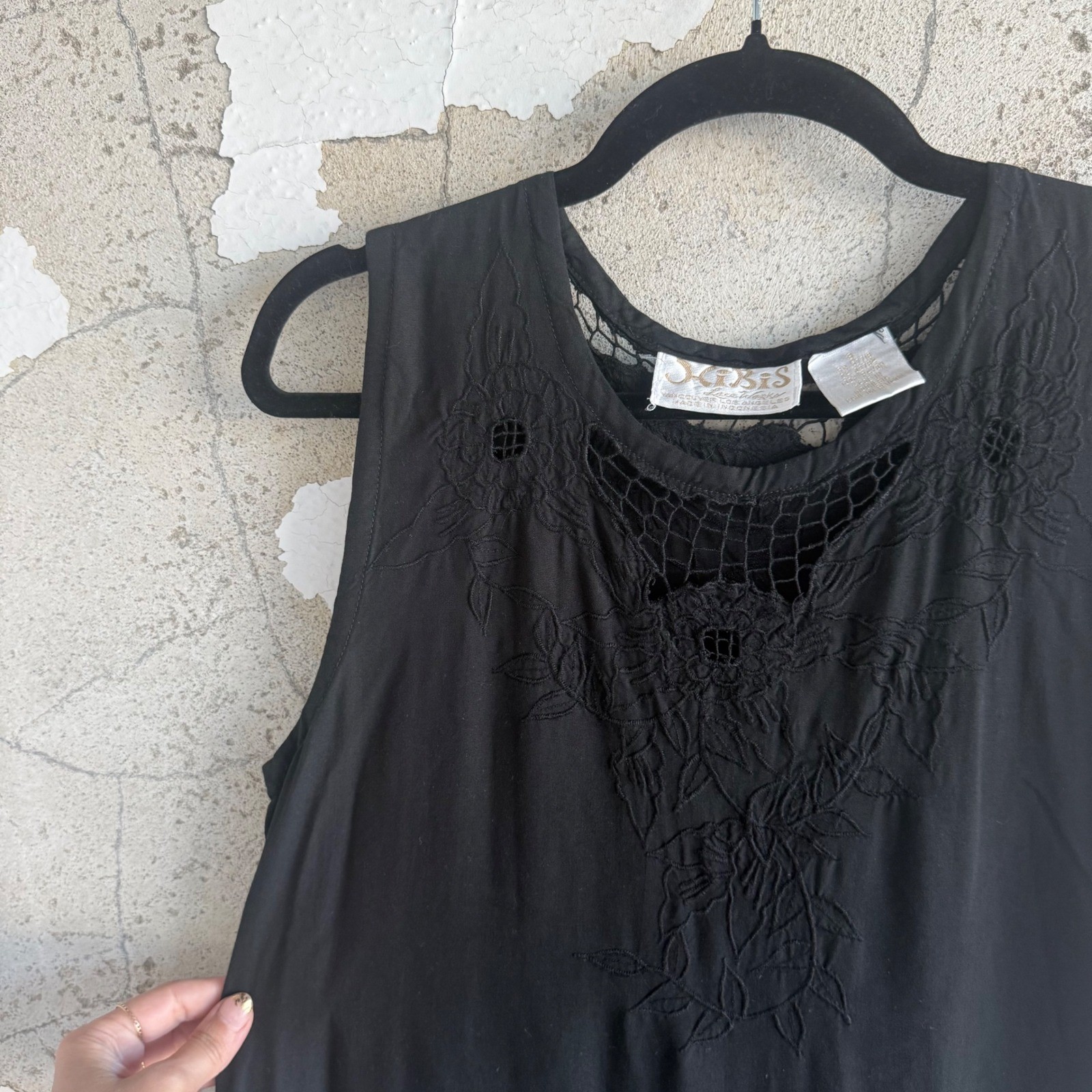 Vtg 90s Maxi Dress Crochet Lace Neckline Floral Embroidery Minimalist Boho S