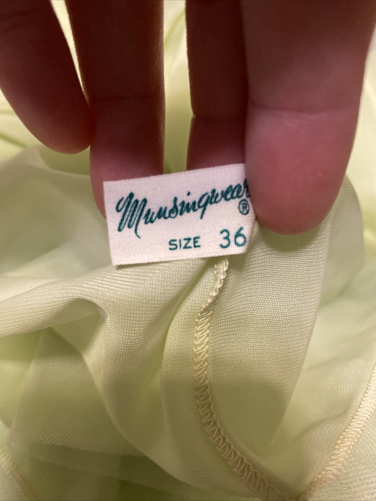 Vintage Munsingwear Size 36 Pale Green Nylon Tricot Lace Sheer Nightgown Nightie