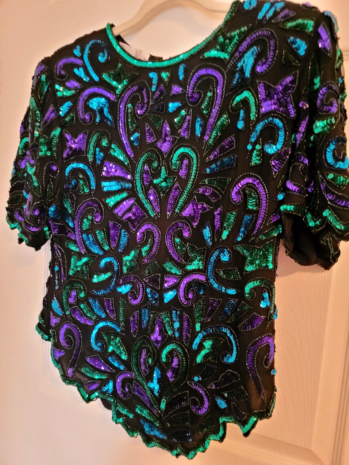 Stunning vintage Laurence Kazar beads&sequins on black silk SZ XL
