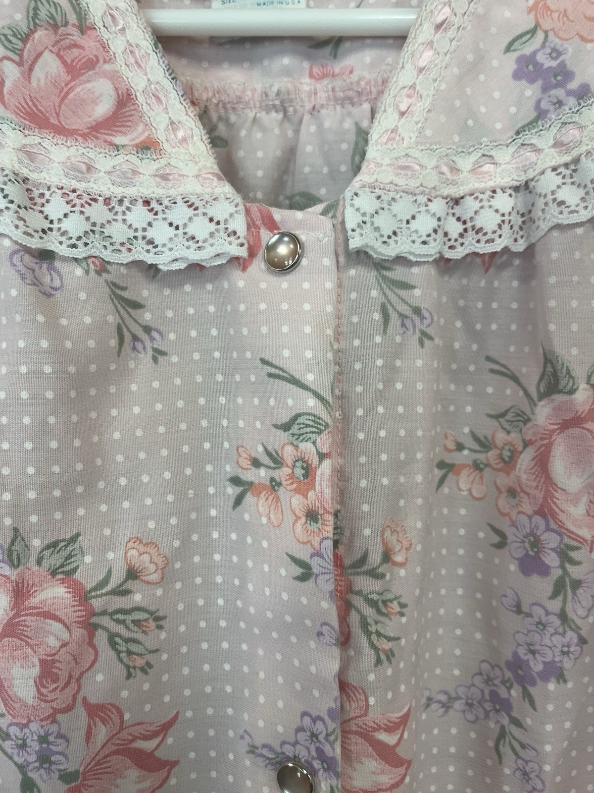 Vintage Smart Time House Dress Robe Pink Roses Polka Dots Women’s Med Lace Mumu
