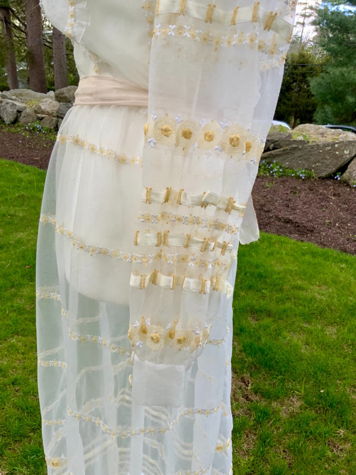 1970s Sheer Romantic Bridal Dress | Edwardian Revival Ivory with Ribbon