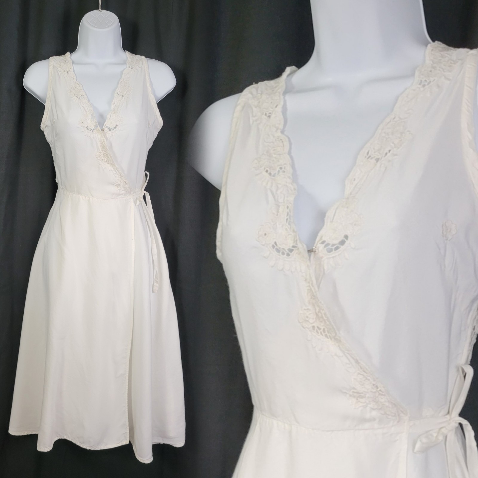 Vtg Satyuga Hawaii Creamy White Wrap Dress w Lace/Embroidery Details Size XS*