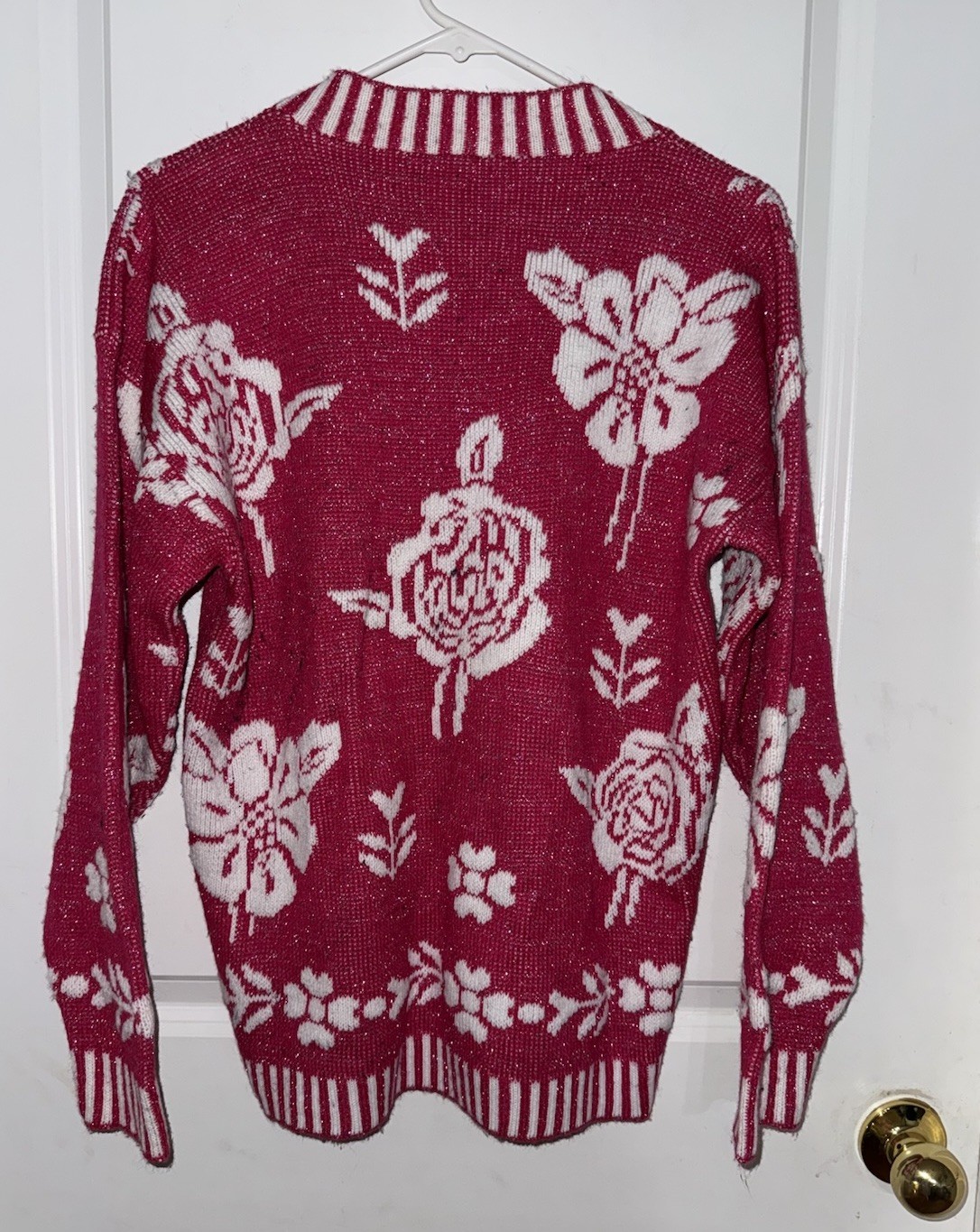 VTG 80S GLAMOUR KNIT SWEATER USA MADE METALLIC PINK FLORAL ROSE VIBRANT OS WMNS
