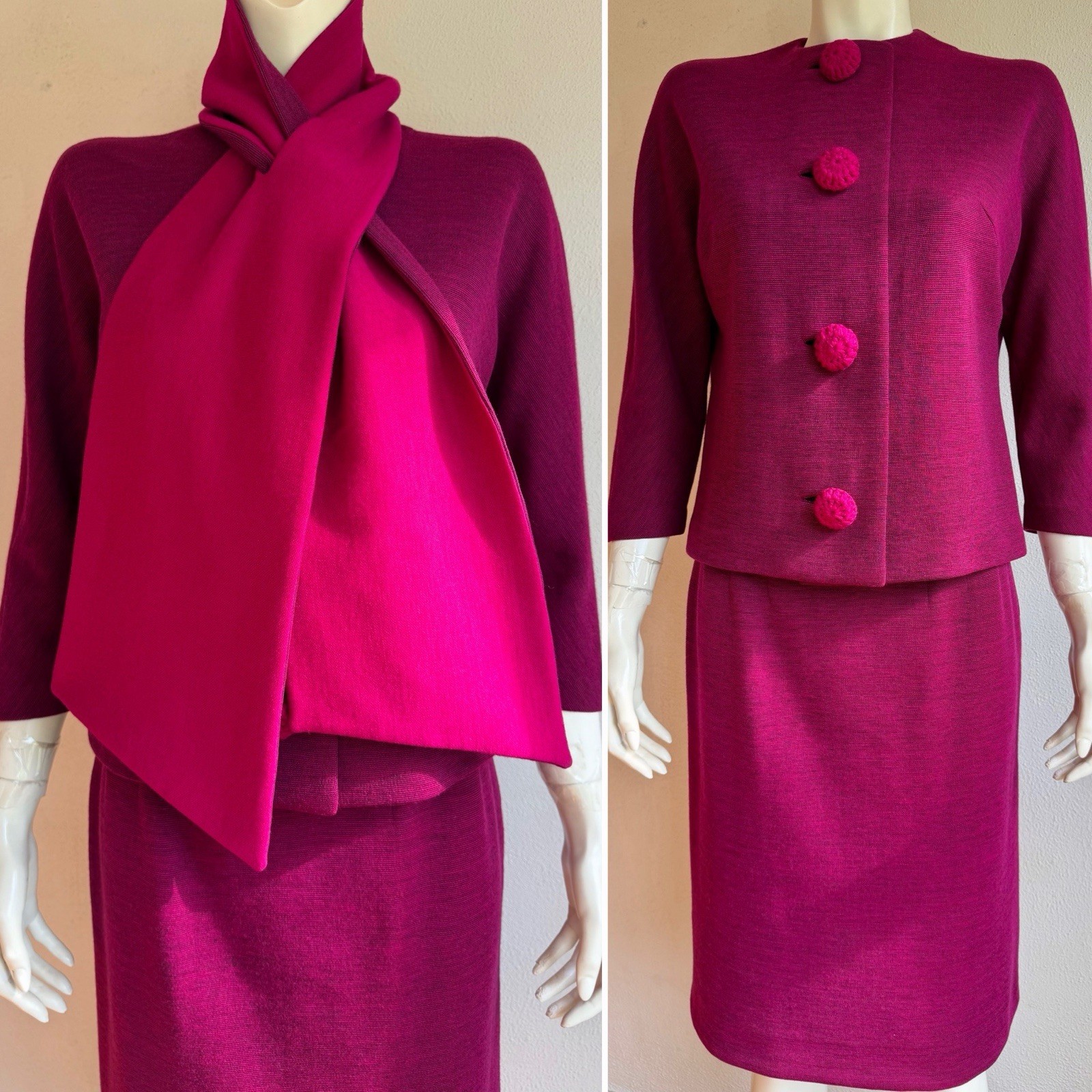 Vintage 1950s 1960s MAGENTA PINK Wool Knit Suit Skirt Set Promenade Scarf Ascot