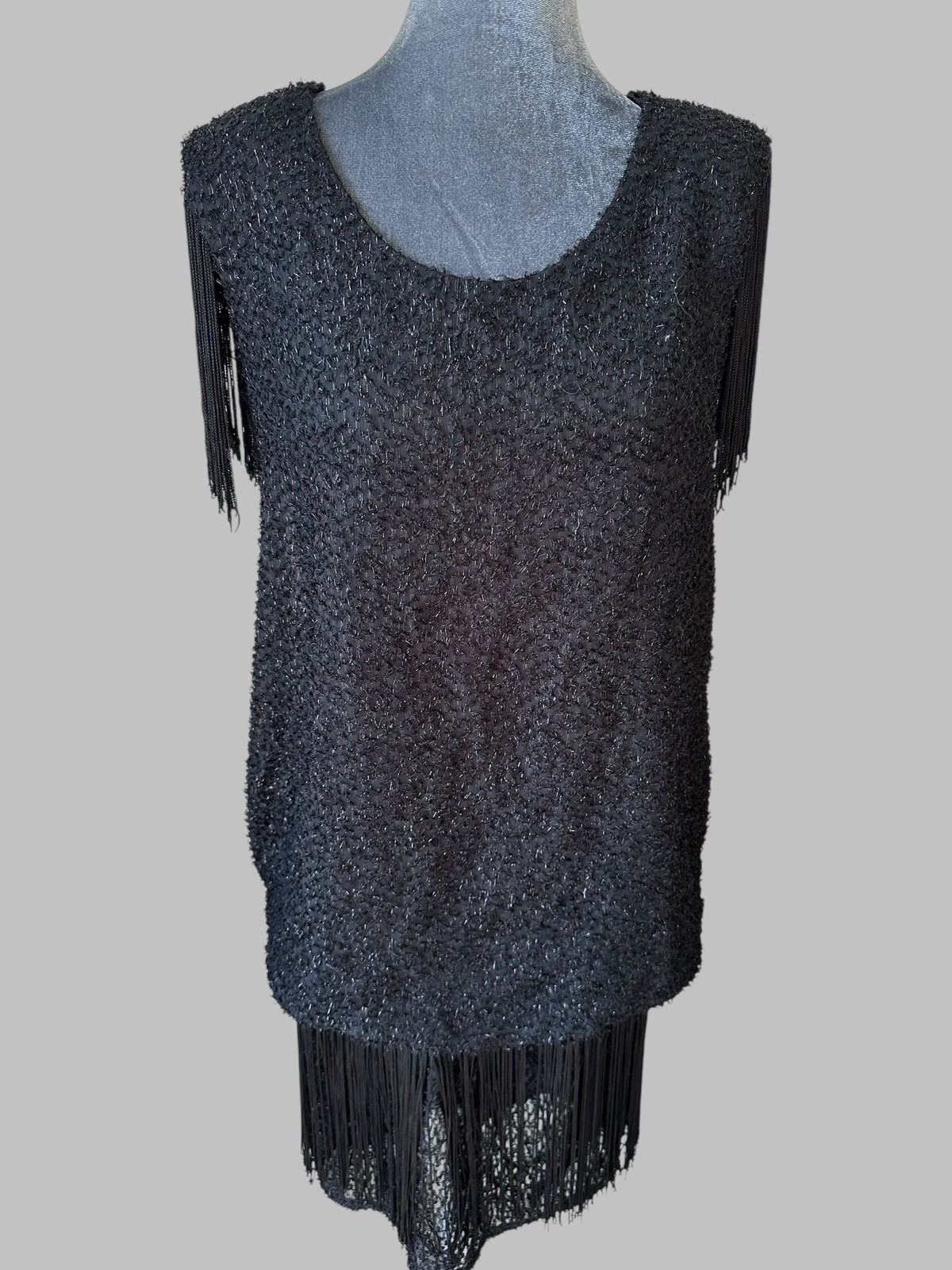 Vintage 70s Sparkly 20s Flapper Black Fringe Party Dress Sequin Trim 5/6 LA GLO