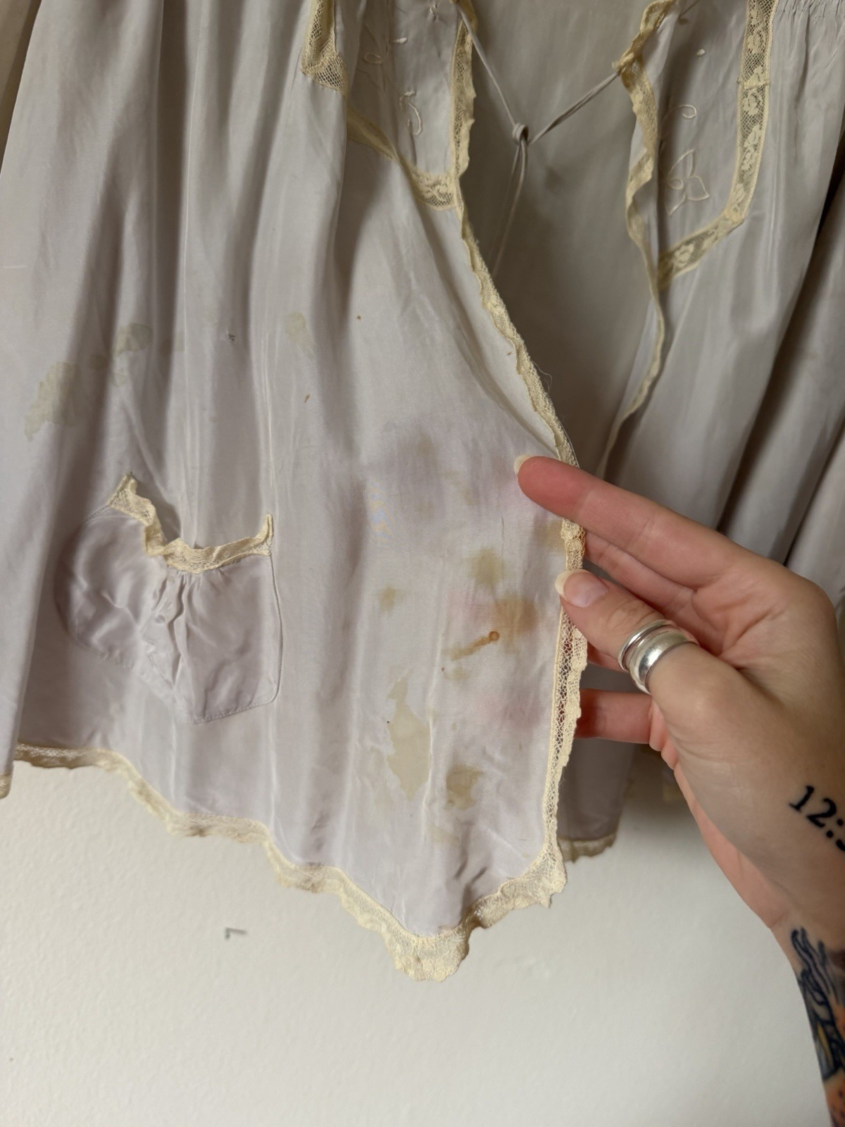 Vintage 1930s Trousseaux by Terris Grey Blue Bed Jacket W/ Ivory Lace *stains