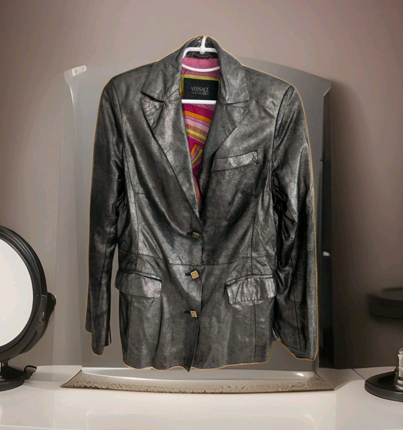 Versace Classic V2 Soft Shiny Leather Jacket Blazer Iridescent Metallic Gray M