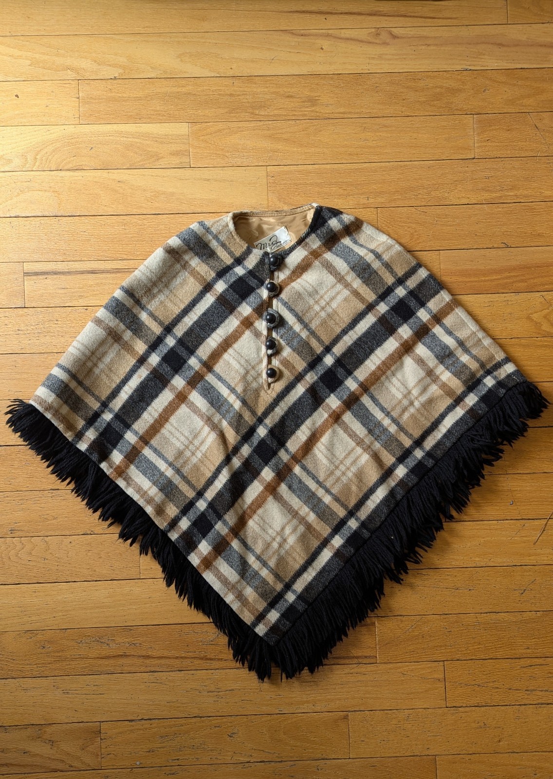 Vintage 60s/70s Mr. Z San Francisco Brown Plaid Wool Fringe Cape Lined Women’s