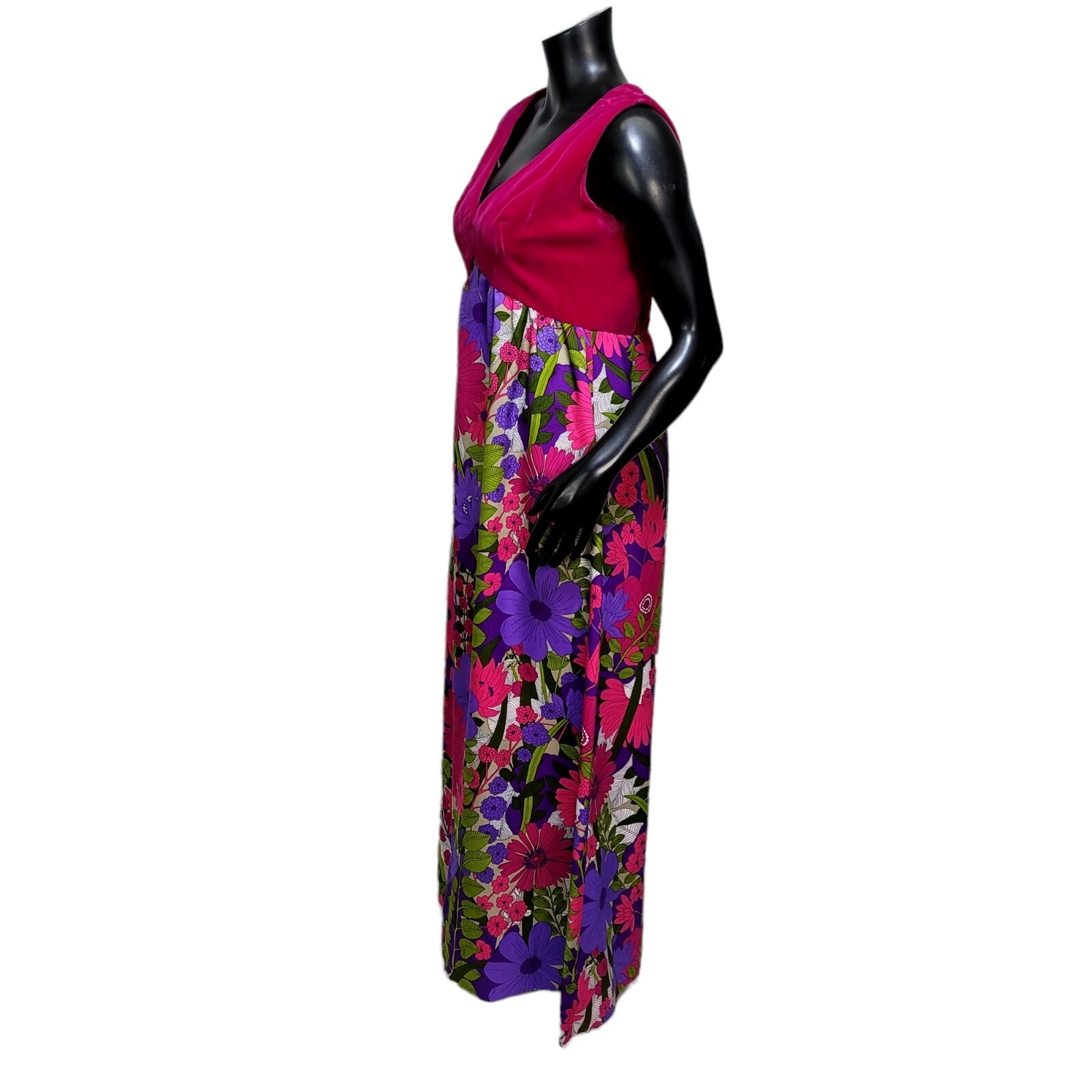Vintage 70s Floral Maxi Dress Pink Purple Green Empire Waist Sleeveless Boho