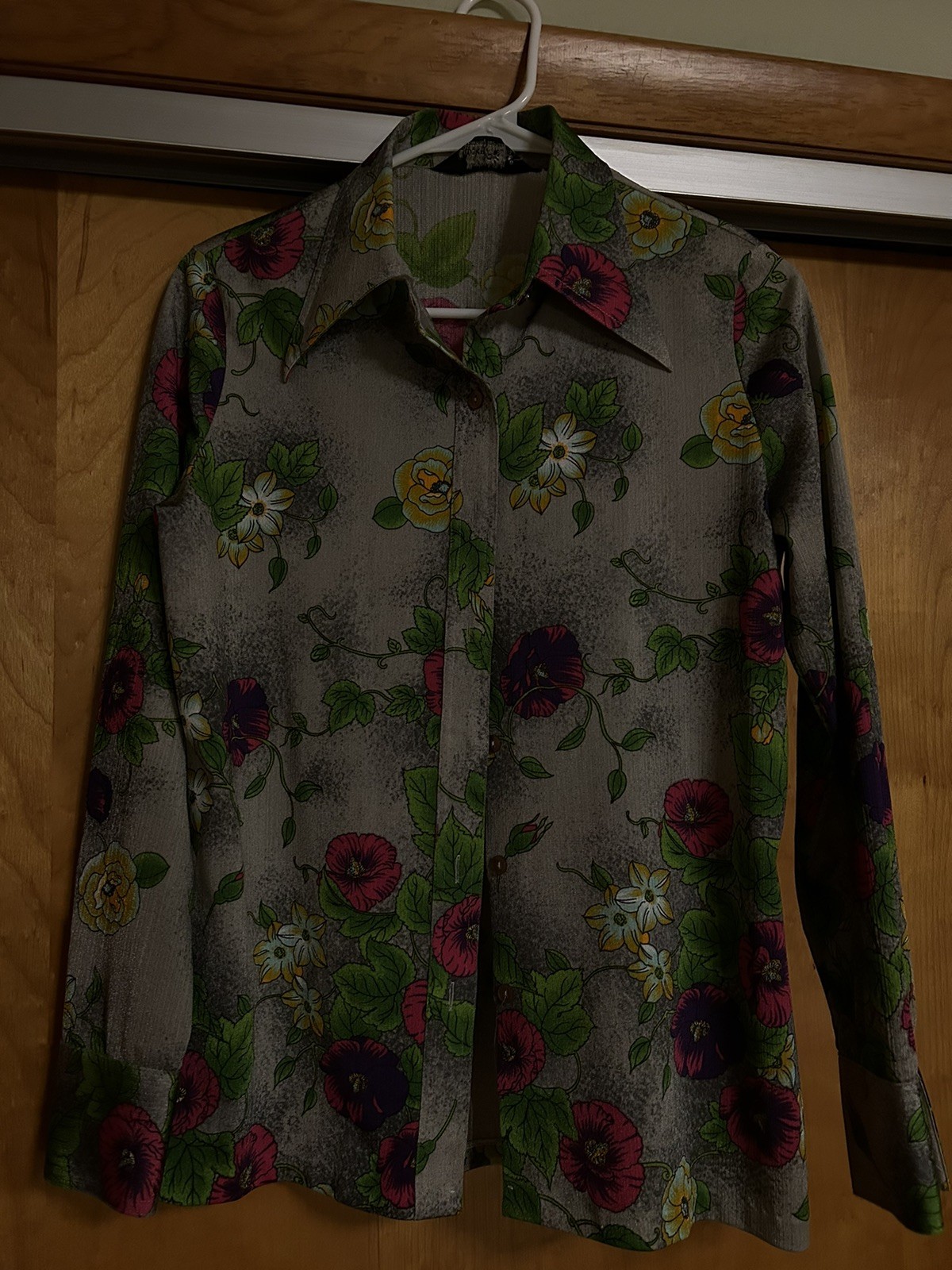 Vintage Lucky Pierre Button Down Shirt Gray Long Sleeve Mod Floral