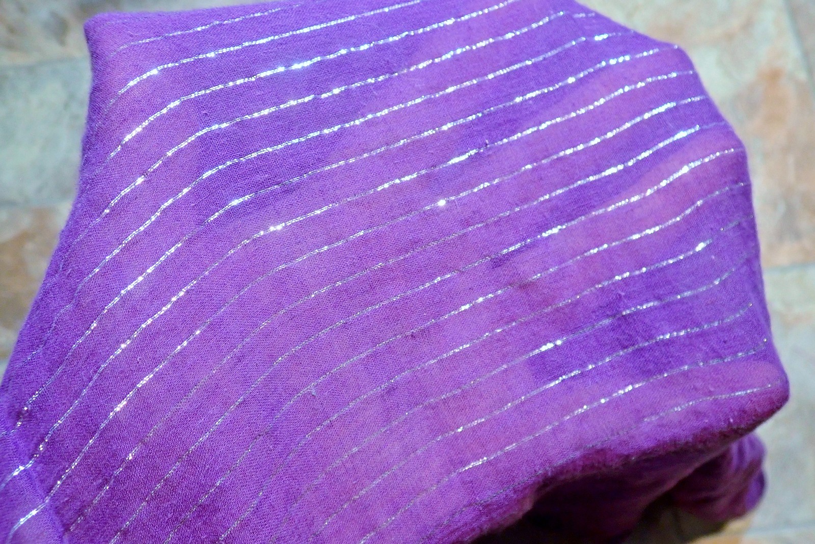 Vtg 70s Indian Cotton Gauze Blouse Purple Silver Metallic Lurex Boho Peasant Top