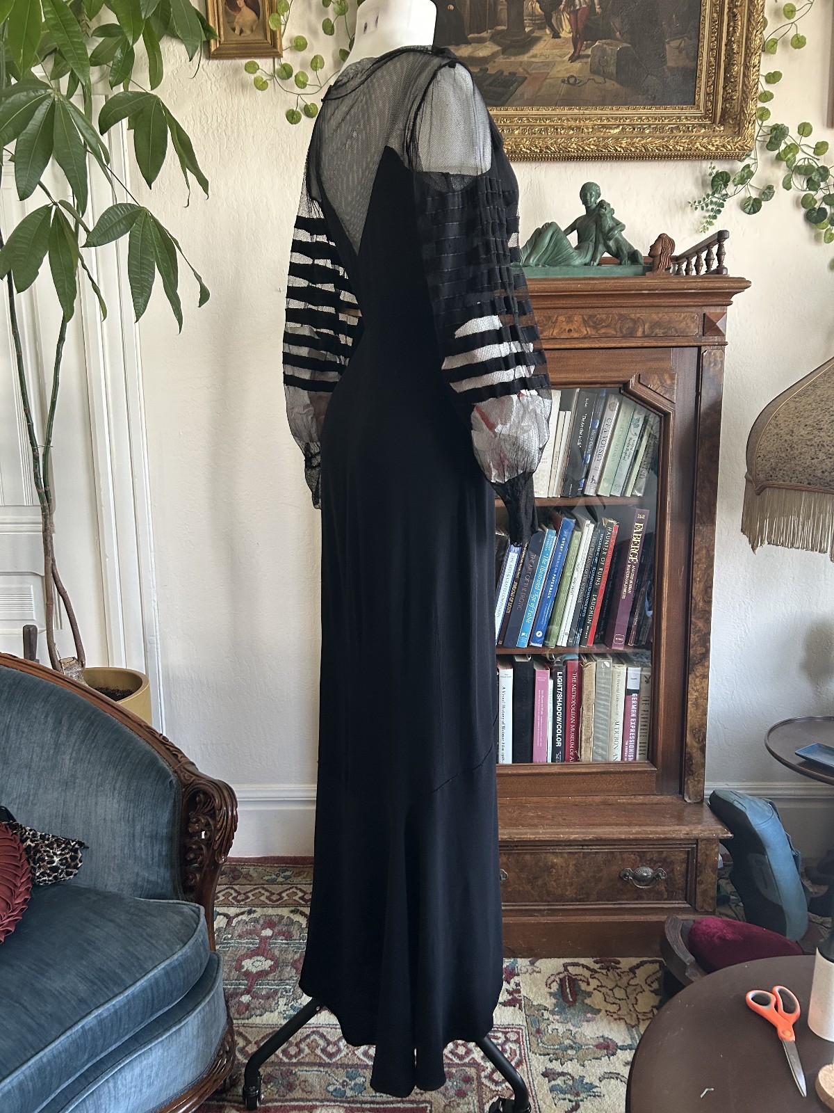 Vintage 1930s Black Mesh Net Gown Balloon Sleeves Bias Cut Art Deco Maxi Dress