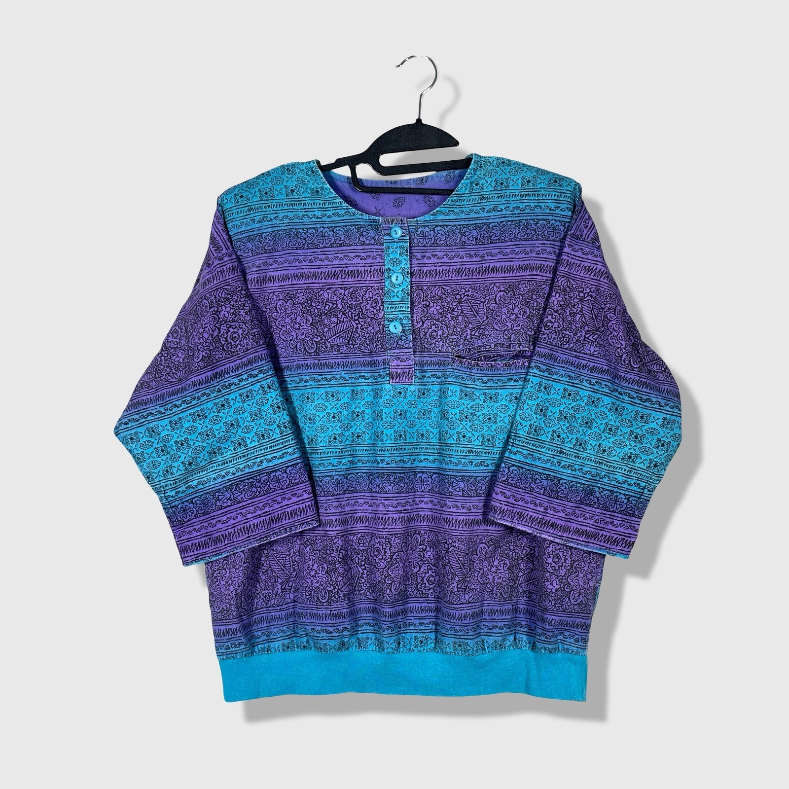 Ms. Paquette Henley Top Womens Large Purple Blue Vintage 80s 90s Boho Geometric