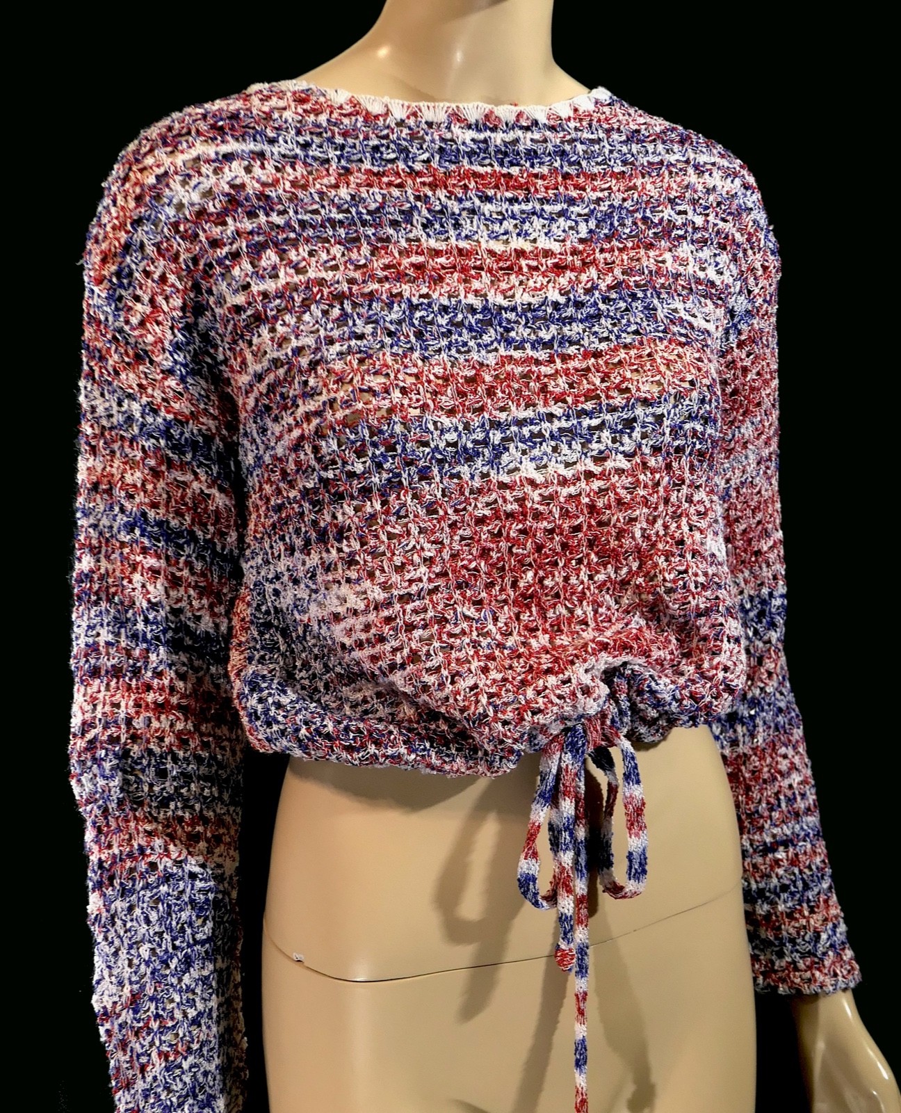 Vintage 70s 80s Red White Blue Space Dye Rayon Drawstring Cropped Sweater L