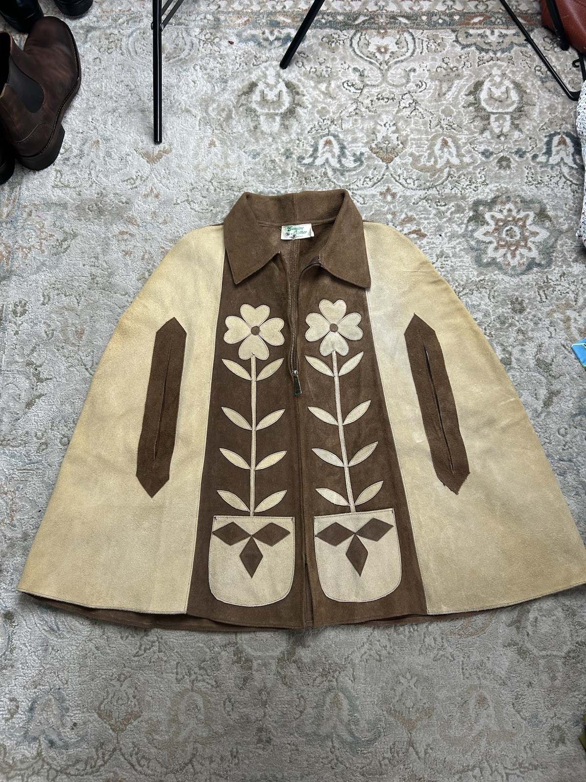 Vintage 60’s 70’S Suede Leather Cape Poncho Boho Hippie Floral Mexico