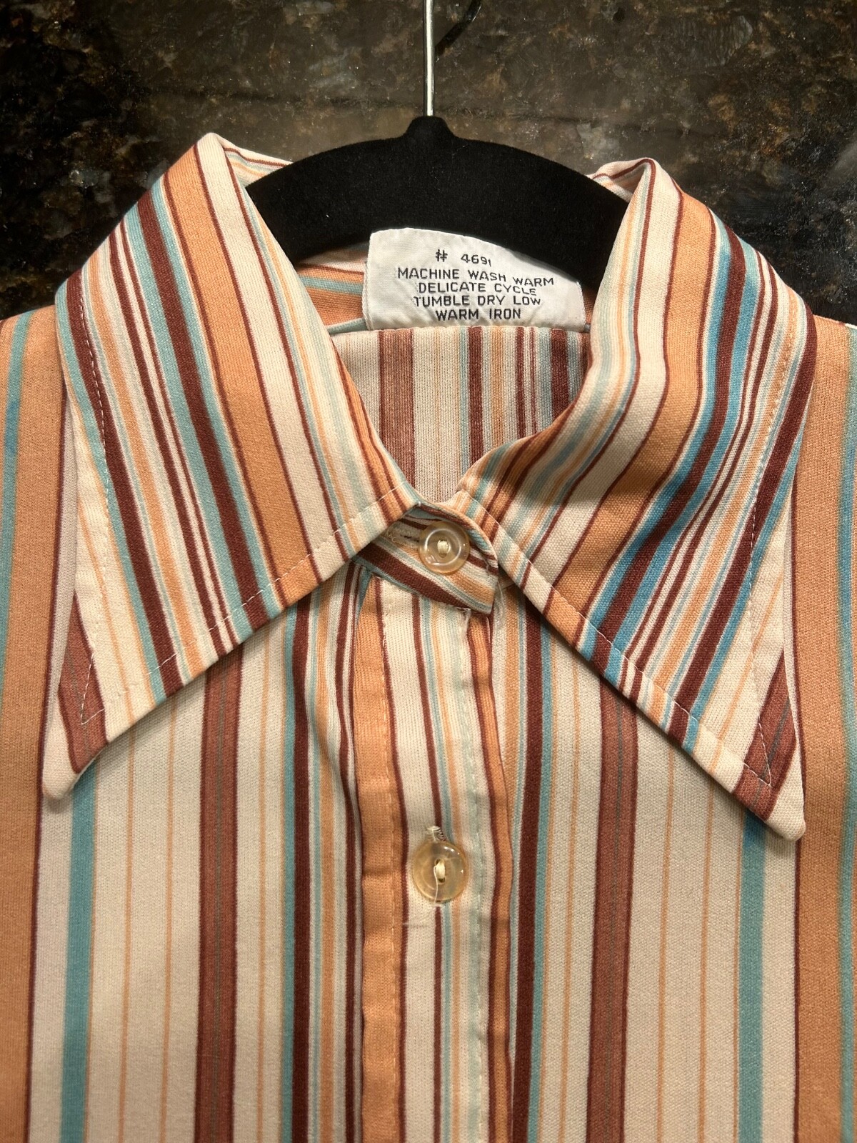 1970s woman’s brown, teal, cream stripe long sleeve, excellent condition