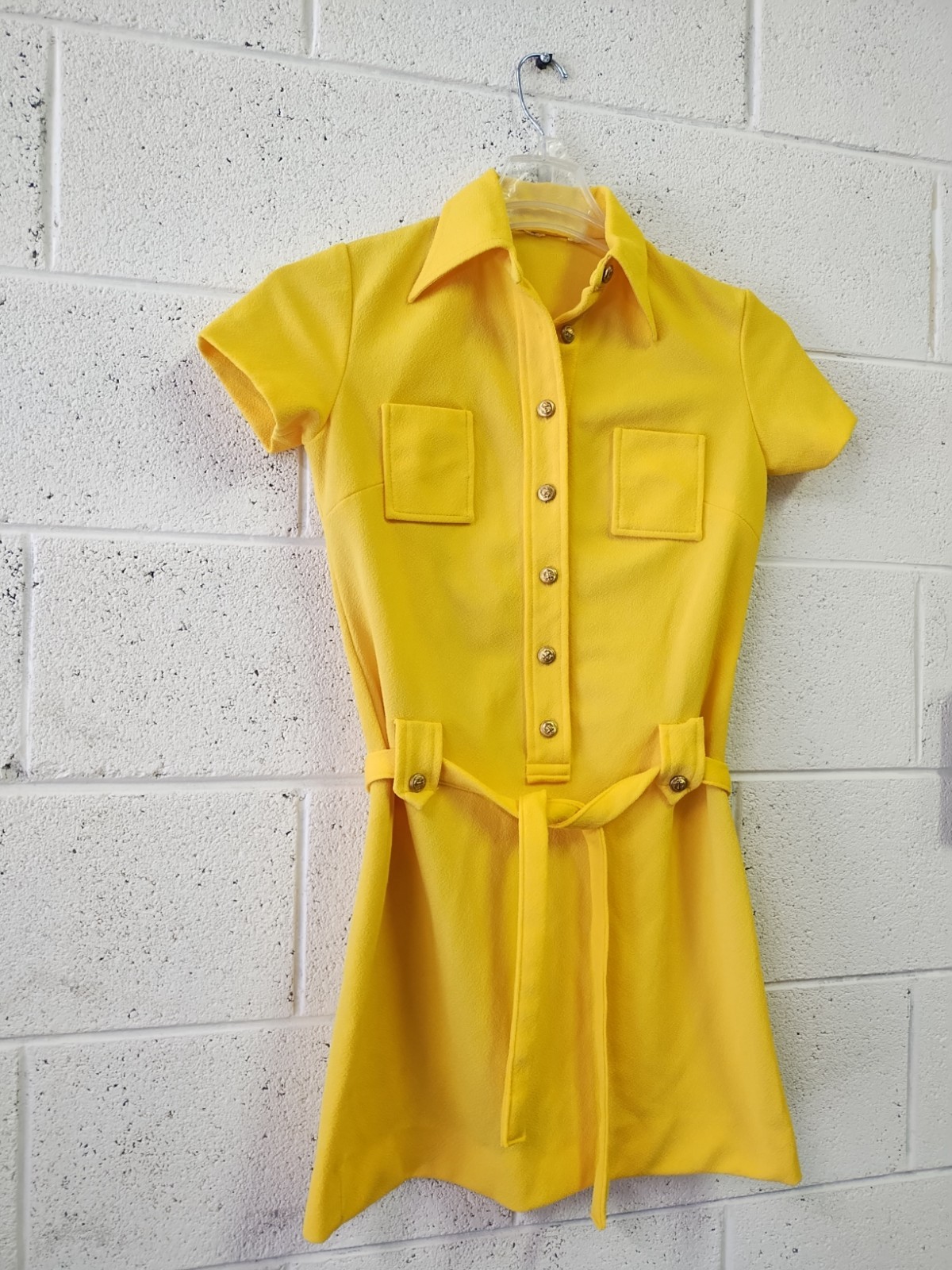 Vintage 1970’s Yellow Polyester Dress Brass Nautical Buttons Belt Pockets SM/M