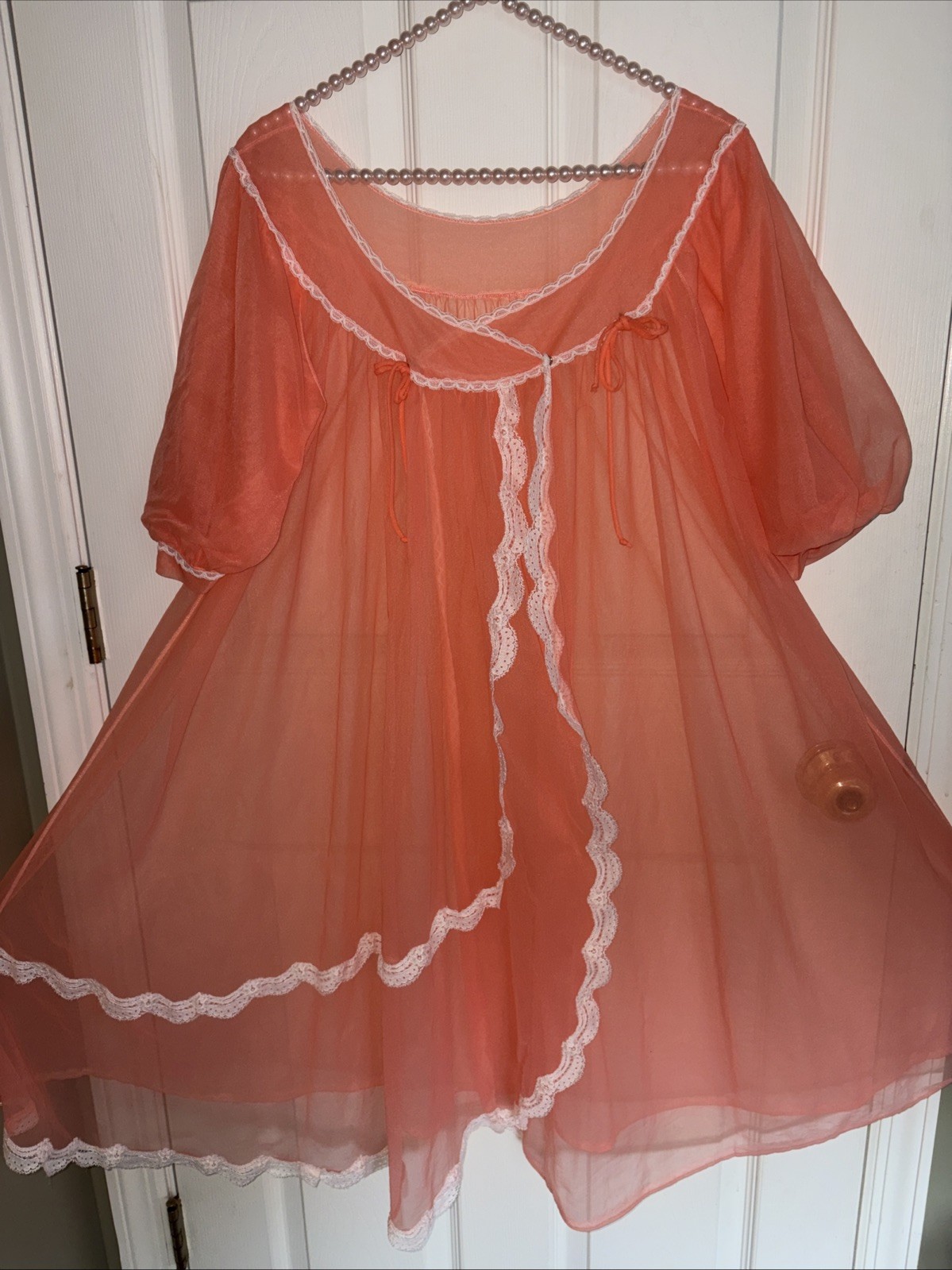 Vtg LISETTE Lingerie Sheer Nylon Chiffon Peignoir Robe Small Coral