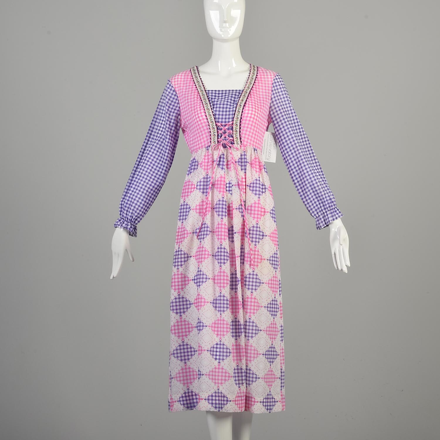 1970s S/M Pink Purple White Gingham Dress Corset Lacing Long Gathered Sleeves