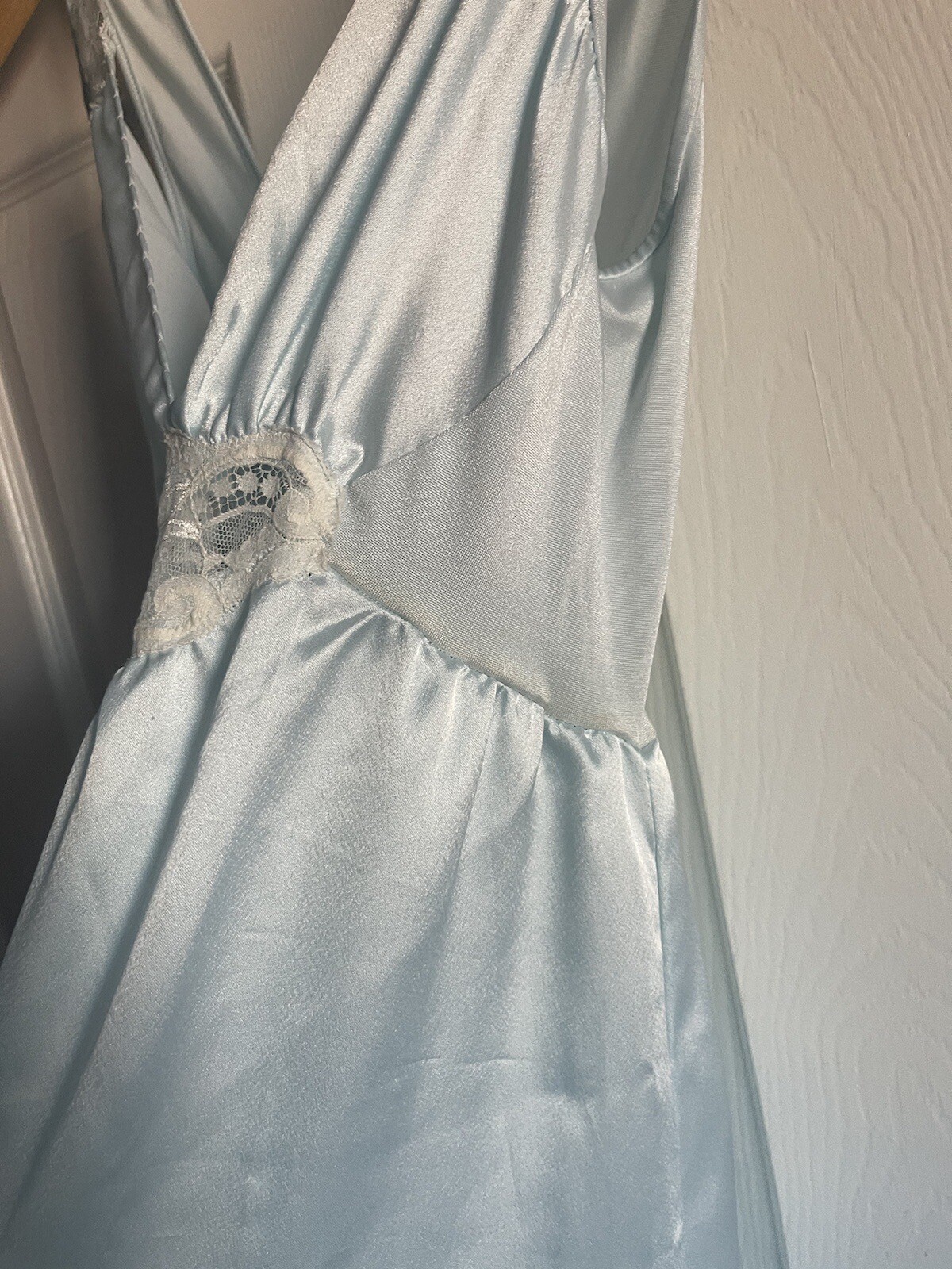 VTG Olga Designer Collection Gold Label Nightgown S Gown Satin Lace Blue 92195