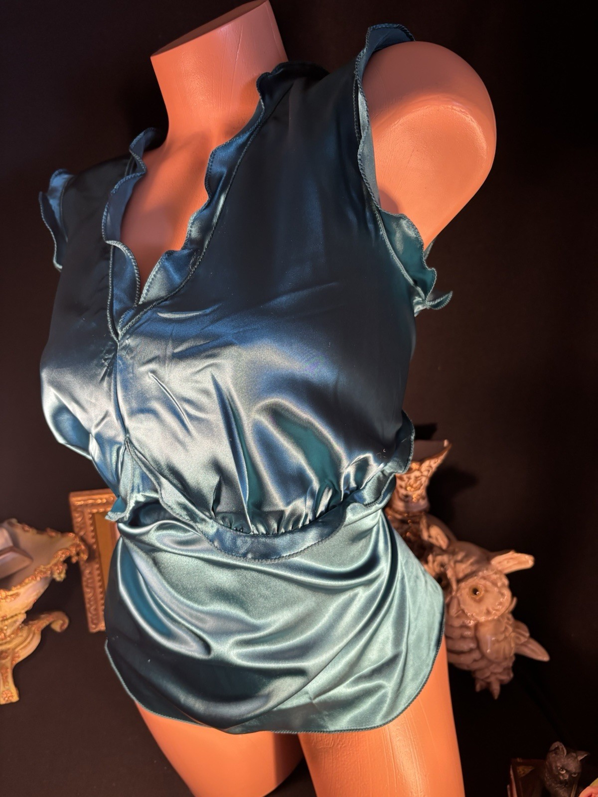 Vtg Satin Emerald Green Frilly Office Blouse Top Cami Blouse