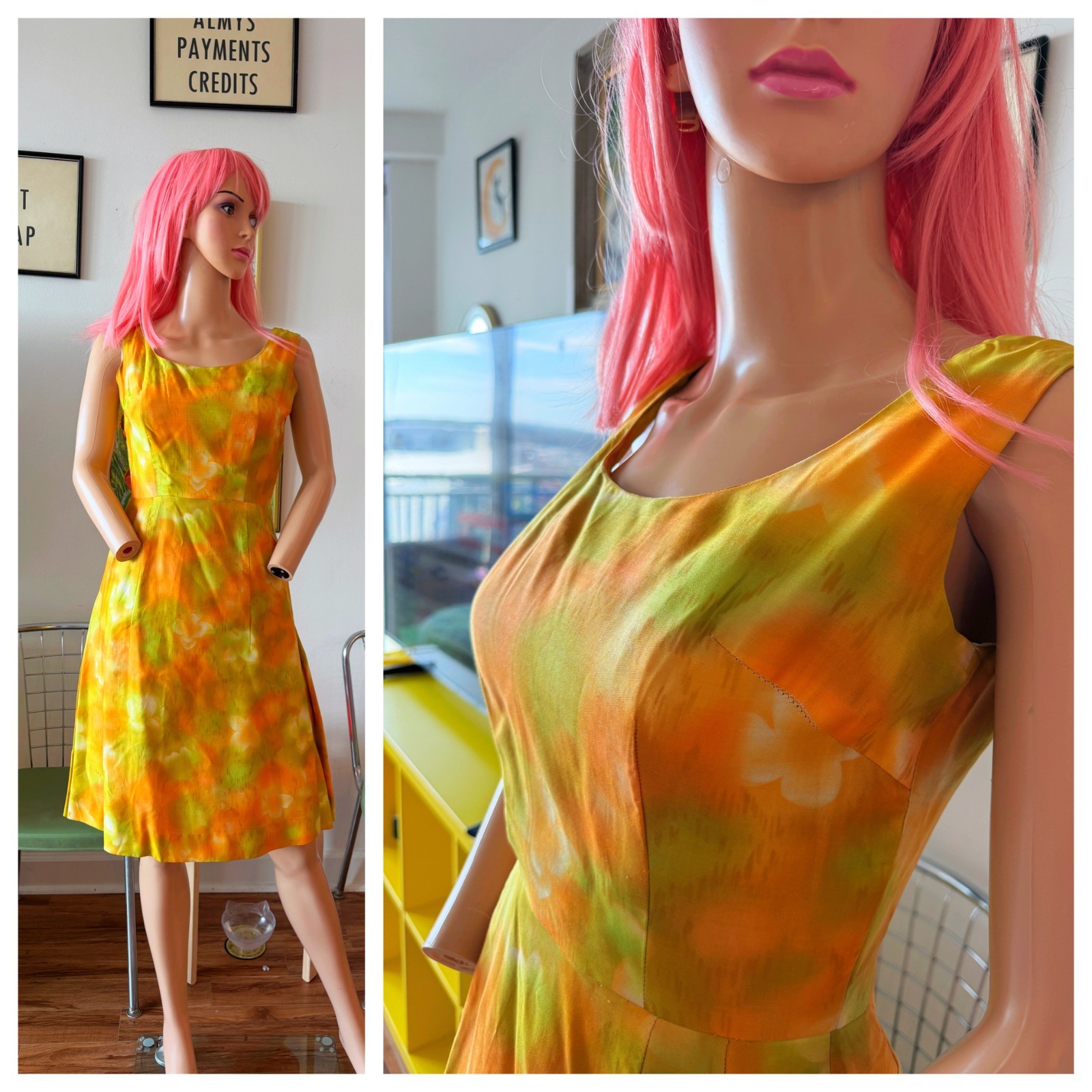 🍊 Vtg 50s Silk Citrus Atomic Floral Side Pleat Structure Cocktail Dress M