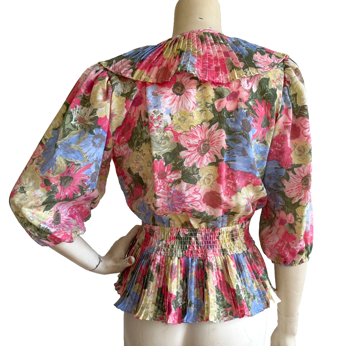 VTG SUSAN TUDOR Top Floral Pastel Pleated Ruffled 80’s Blouse USA Size XS