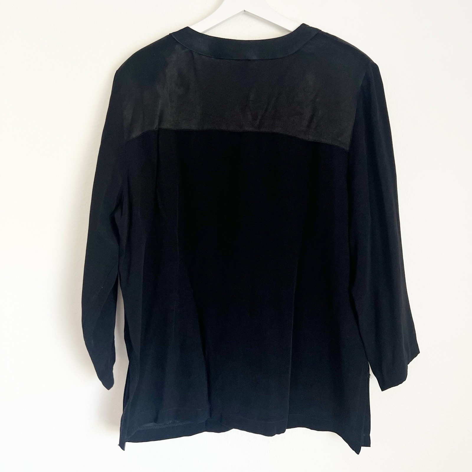 Vintage Saint Germain Paris Black Blouse V Neck Pockets Top Gold Tone Buttons XL