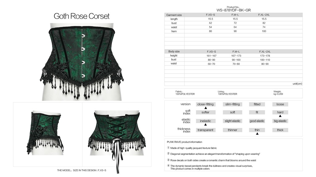 Punk Rave Women Black Gothic Rose Bead Tassel Waistband Slim Fit Corset